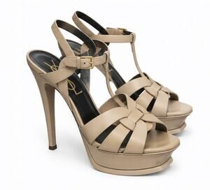 SAINT LAURENT Tribute 105 Nude Leather Platform T-Strap Sandals Heels 37.5